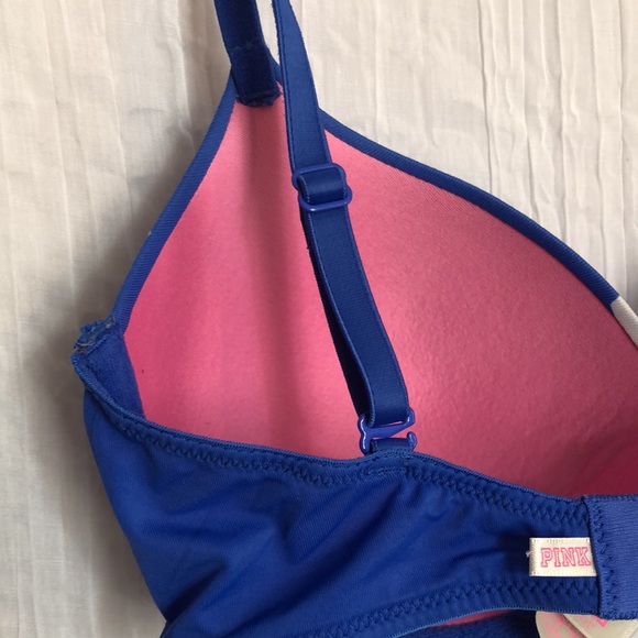VICTORIAS SECRET PINK womans SZ 32D padded underwire bra blue white pink logo - Picture 13 of 13